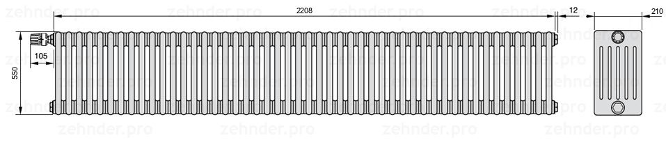 Схема (чертеж) Радиатор Zehnder Charleston 6055/48 №V011 Белый глянцевый RAL 9016